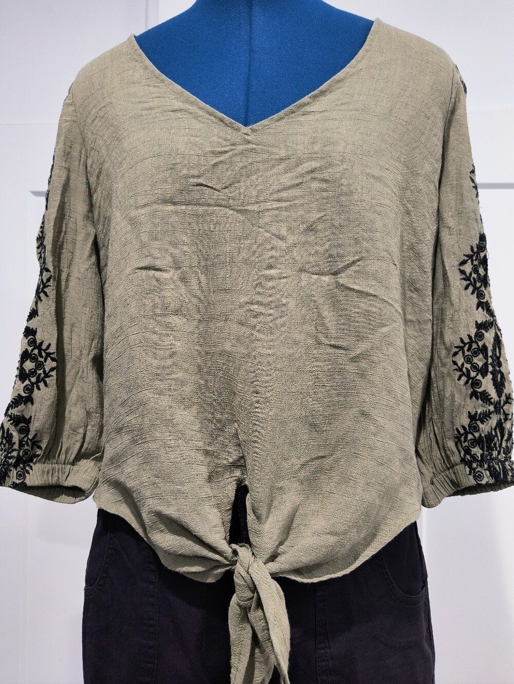 Olivia & Martin Olive Tie-Front Blouse with Black Embroidered Puff Sleeves
